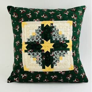 Vintge Christmas Quilted Decor Pillow Red Green Yellow 14x14 Rocking Horse Star